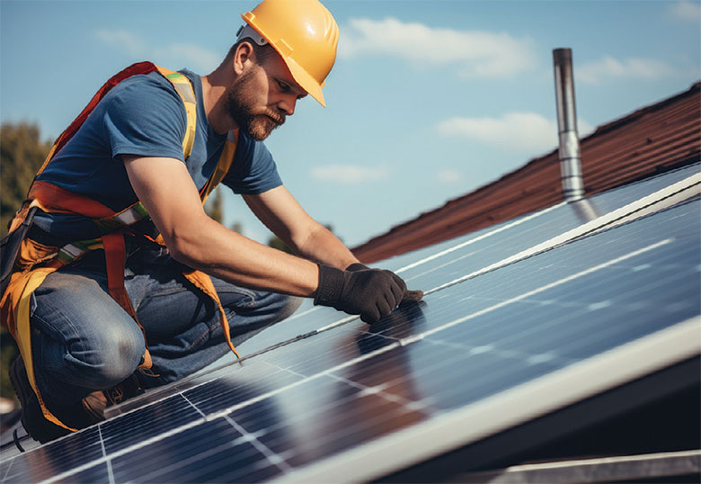 Ouvrier installant des panneaux photovoltaîques